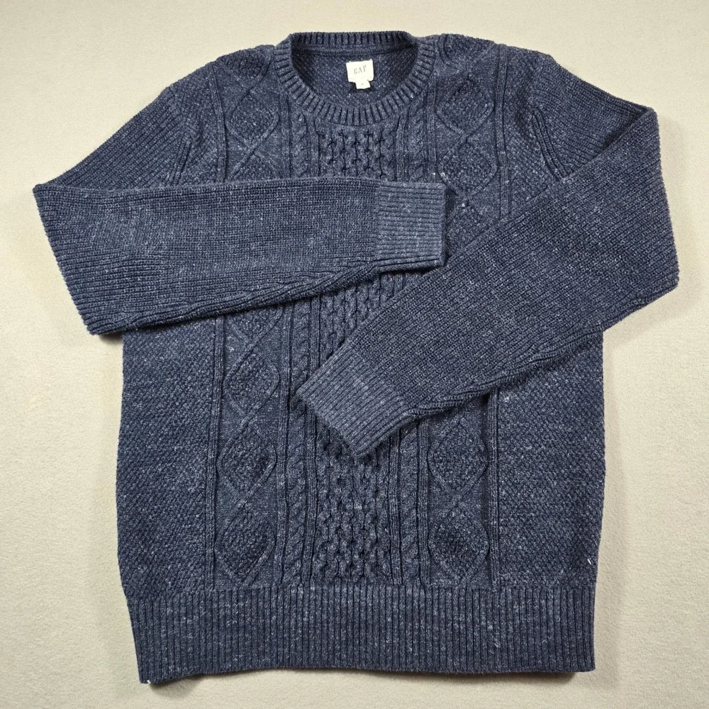 Gap Mens Medium Blue Sweater Crewneck Cable Knit Marled Cotton Blend